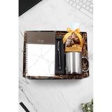 Trendmiya Beyaz Mermer Defter & Siyah Touch Pen & Gümüş Kupa & Godiva Napoliten Çikolata Hediye Seti