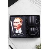 Trendmiya Beyaz Tükenmez Kalem & Atatürk Resimli Defter & Siyah Mat Kupa & Siyah Mat Fincan Hediye Seti