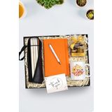 Trendmiya Çantalı Termos & Turuncu Defter & Beyaz Tükenmez Kalem & Godiva Naps Çikolata & Kupa Hediye Seti