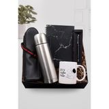 Trendmiya Deri Çantalı Gri Termos & Mermer Desenli Defter & Kalın Siyah Touch Pen & Çizgi Harf Kupa Hediye Set