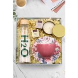 Trendmiya Gold Metal Kutulu Mum & 2Li Teashop Bitki Çayı & Bambu Kapaklı Cam Matara & Pembe Fincan Hediye Seti