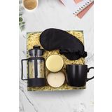 Trendmiya Gold Metal Kutulu Mum & Siyah French Press & Siyah Mat Kupa & Saten Uyku Bandı Hediye Seti