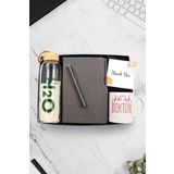 Trendmiya Gri Defter & Bambu Kapaklı Cam Matara & Gri Roller Kalem & Doktorlara Özel Baskılı Kupa Seti