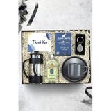 Trendmiya Gümüş Renk Anahtarlık & French Press & Tıraş Kolonyası & Filtre Kahve & Gri Fincan Hediye Seti
