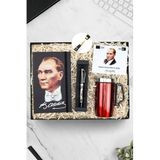 Trendmiya Kulplu 280 Ml Kırmızı Termos & Atatürk Baskılı Defter & Atatürk İmza Kabartmalı Kalem Hediye Seti