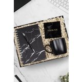 Trendmiya Mermer Desenli Defter & Gümüş Renk Detaylı Siyah Tükenmez Kalem & Siyah Kupa Hediye Seti