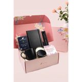 Trendmiya Pembe Çiçekli Kilitli Kutusunda Defter & Roller Kalem & Filtre Kahve & Kupa & Mum Hediye Seti