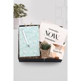 Trendmiya Yeşil Çiçekli Defter & Beyaz Tükenmez Kalem & Baskılı El Çantası & Sukulent Çiçek Hediye Seti