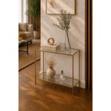 Trendmiz kehribar Modern Gold Metal Gövdeli 2 Katlı Şeffaf Cam Dresuar | Dar alanlar için | Antre Salon Yan Sehpa Konsol