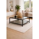 Trendmiz Lunox Modern Metal Gövdeli 2 Katlı Cam Orta Sehpa 55x55x50 cm Siyah Çerçeve Füme Cam Salon Sehpası