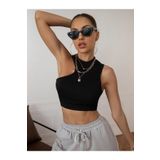 TrendNera Siyah Asimetrik Crop Bluz