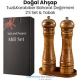 Trendpoint 2li Set Baharat Öğütücü Premium Doğal Ahşap Değirmen Karabiber Tuz Kahve Tuzluk Biberlik 2li Set Tabaklı 22CM