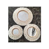 TrendSende Boho Aynası Yumuşak Makrome Ayna Beyaz Duvar Dekoru 3'lü Set