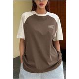 Trendseninle Best Time Baskılı Kahve Bej Oversize Kadın T-shirt