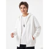 Trendseninle Beyaz Baskısız Kapüşon Detay Fermuarlı Mevsimlik Hırka - XL