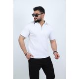 Trendseninle Beyaz Yarım Fermuarlı Polo Yaka Düz Triko Örme Tişört, L