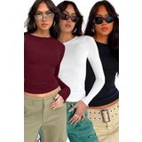 Trendseninle Bordo Beyaz Siyah Bisiklet Yaka Basic Uzun Kollu Body 3'lü Set, M