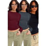 Trendseninle Bordo Siyah Füme Bisiklet Yaka Basic Uzun Kollu Body 3'lü Set, M