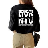 Trendseninle Brooklyn Nyc Baskılı Siyah Rahat Kesim Oversize Kadın T-shirt