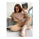 Trendseninle Brooklyn USA Baskılı Vizon Oversize Alt Üst Kadın Eşofman Takımı