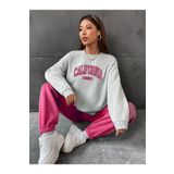 Trendseninle California 1991 Baskılı Oversize Gri Pembe Alt Üst Kadın Eşofman Takımı