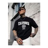 Trendseninle California United State 91 Baskılı Siyah Oversize Erkek T-shirt