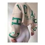 Trendseninle Chicago Baskılı Bej Kolları Oversize Bisiklet Yaka Kadın Sweatshirt
