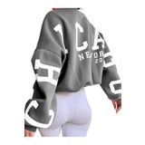 Trendseninle Chicago Baskılı Füme Kolları Bisiklet Yaka Oversize Kadın Sweatshirt