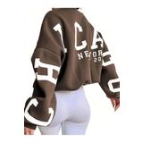 Trendseninle Chicago Baskılı Kahverengi Kolları Bisiklet Yaka Oversize Kadın Sweatshirt