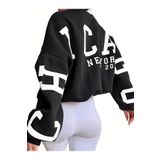 Trendseninle Chicago Baskılı Siyah Kolları Bisiklet Yaka Oversize Kadın Sweatshirt