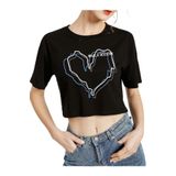 Trendseninle Çizgili Figür Kalp Baskılı Siyah Oversize Crop Kadın T-shirt