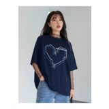 Trendseninle Çizgili Figür Kalp Lacivert Have A Holiday Baskılı Koyu Lacivert Kadın T-shirt