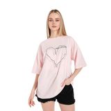 Trendseninle Çizgili Figür Kalp Pudra Pembe Have A Holiday Baskılı Pudra Pembe Kadın T-shirt