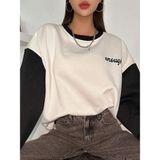 Trendseninle Enough Baskılı Beyaz Siyah Kol Detay Oversize Kadın Sweatshirt