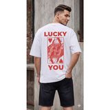 Trendseninle Erkek Beyaz Lucky Youu Baskı Detay Organik Pamuk Örme Oversize Tişört - Beyaz 01 - XL