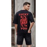 Trendseninle Erkek Siyah Lucky Youu Baskı Detay Organik Pamuk Örme Oversize Tişört - Siyah 02
