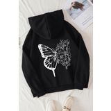 Trendseninle Flower Butterflies Baskılı Siyah Oversize Hoodie Kadın Sweatshirt