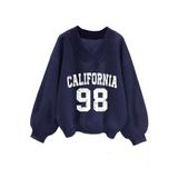 Trendseninle Kadın 3 Iplik Lacivert California 98 Baskılı V Yaka Oversize Sweatshirt M Ts-C333Cc2L