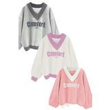 Trendseninle Kadın 3 Iplik Lightgri Beyaz Pembe 3'Lü Comfort In Paris Baskılı V Yaka Oversize Sweatshirt M Ts-070822-Kdn-3Lu