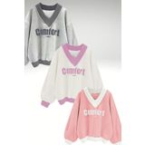 Trendseninle Kadın 3 Iplik Lightgri Beyaz Pembe 3'Lü Comfort In Paris Baskılı V Yaka Oversize Sweatshirt Xl Ts-070822-Kdn-3Lu