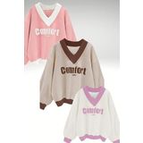 Trendseninle Kadın 3 Iplik Pembe Bej Beyaz 3'Lü Comfort In Paris Baskılı V Yaka Oversize Sweatshirt M Ts-070822-Kdn-3Lu