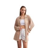 Trendseninle Kadın Bej Oversize Uzun Krinkıl Gömlek, Standart