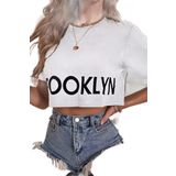 Trendseninle Kadın Beyaz Bisiklet Yaka Brooklyn Baskılı Geniş Crop T-Shirt, L