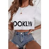 Trendseninle Kadın Beyaz Bisiklet Yaka Brooklyn Baskılı Geniş Crop T-Shirt, M