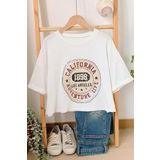 Trendseninle Kadın Beyaz Bisiklet Yaka California Baskılı Crop T-Shirt, S
