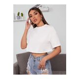 TrendSeninle Kadın Beyaz Bisiklet Yaka Oversize Crop T-shirt Beyaz L