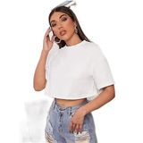 TrendSeninle Kadın Beyaz Bisiklet Yaka Oversize Crop T-shirt Beyaz M