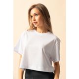 TrendSeninle Kadın Beyaz Oversize Bisiklet Yaka Crop Tişört BEYAZ S