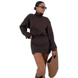 TrendSeninle Kadın Boğazlı Bel Lastikli İnterlok Mini Elbise, XL, Kahverengi