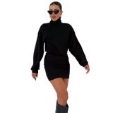 TrendSeninle Kadın Boğazlı Bel Lastikli İnterlok Mini Elbise, XL, Siyah